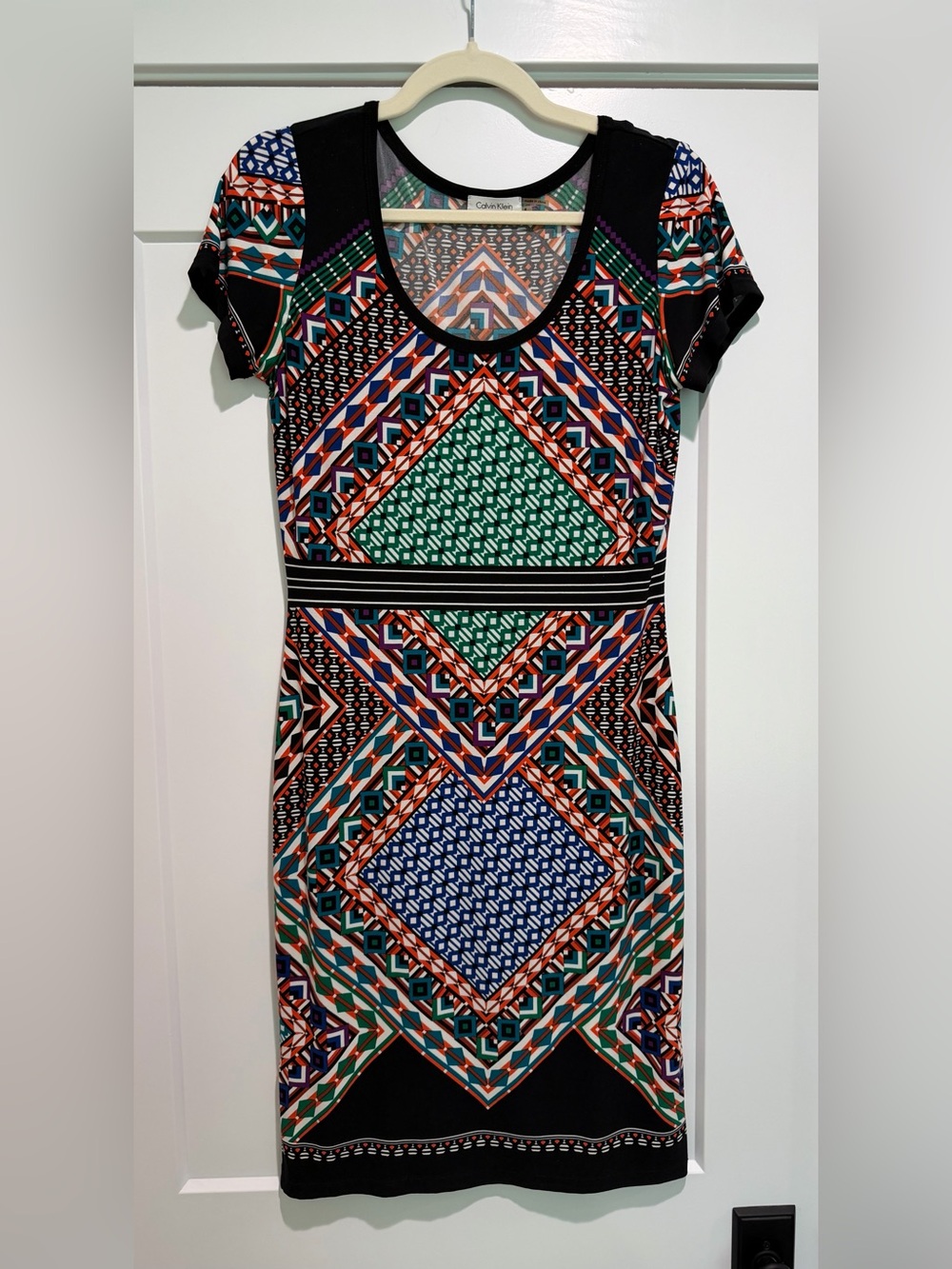 Calvin Klein Geometric Midi Dress in Green, Blue, Orange & Black Size 4